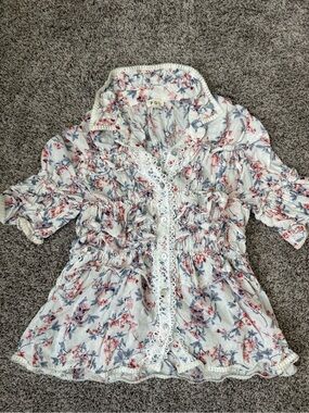 Ruffled Floral Button-Front Kids Blouse - White with Pink & Blue Floral